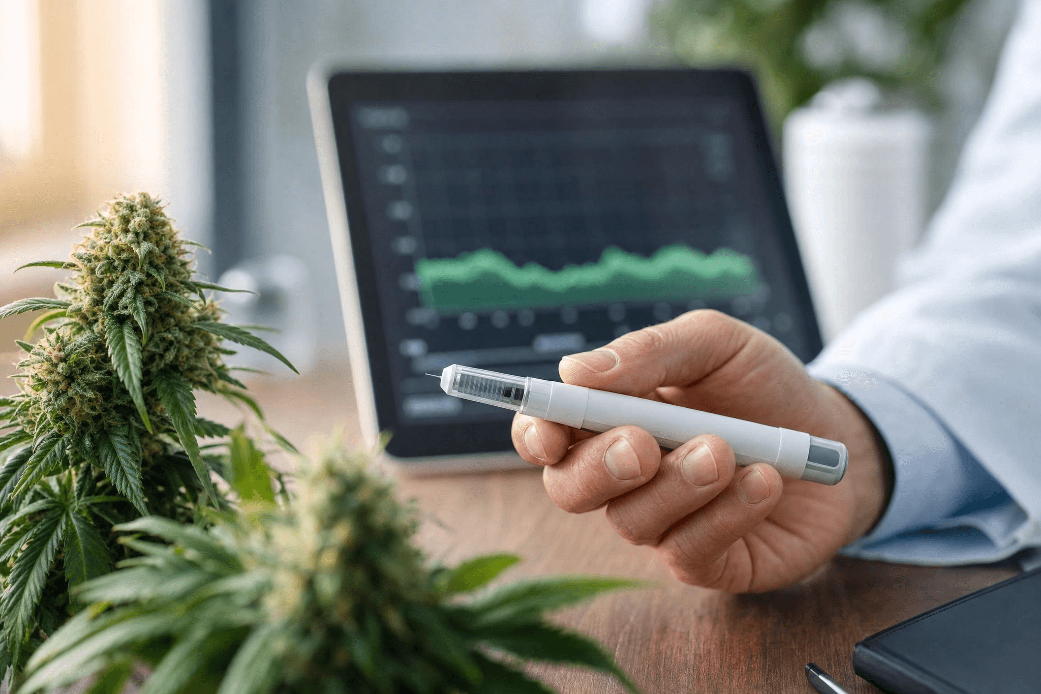 Arzt hält Insulin-Pen in der Hand neben einer blühenden Cannabispflanze, im Hintergrund ein Tablet mit Blutzuckerkurve – symbolisch für die Forschung zu Cannabis und Diabetes