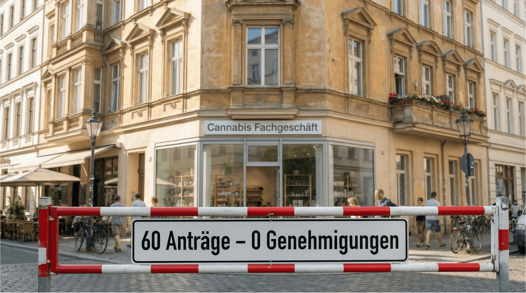 Absperrschranke mit Schild „60 Anträge – 0 Genehmigungen" vor einem Cannabis Fachgeschäft in einer Berliner Einkaufsstraße