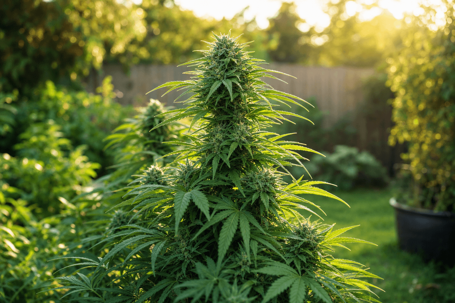 Eine blühende Cannabispflanze im Freilandanbau – üppig gewachsen mit dichten Blütenständen, umgeben von einem grünen Garten im warmen Abendlicht.
