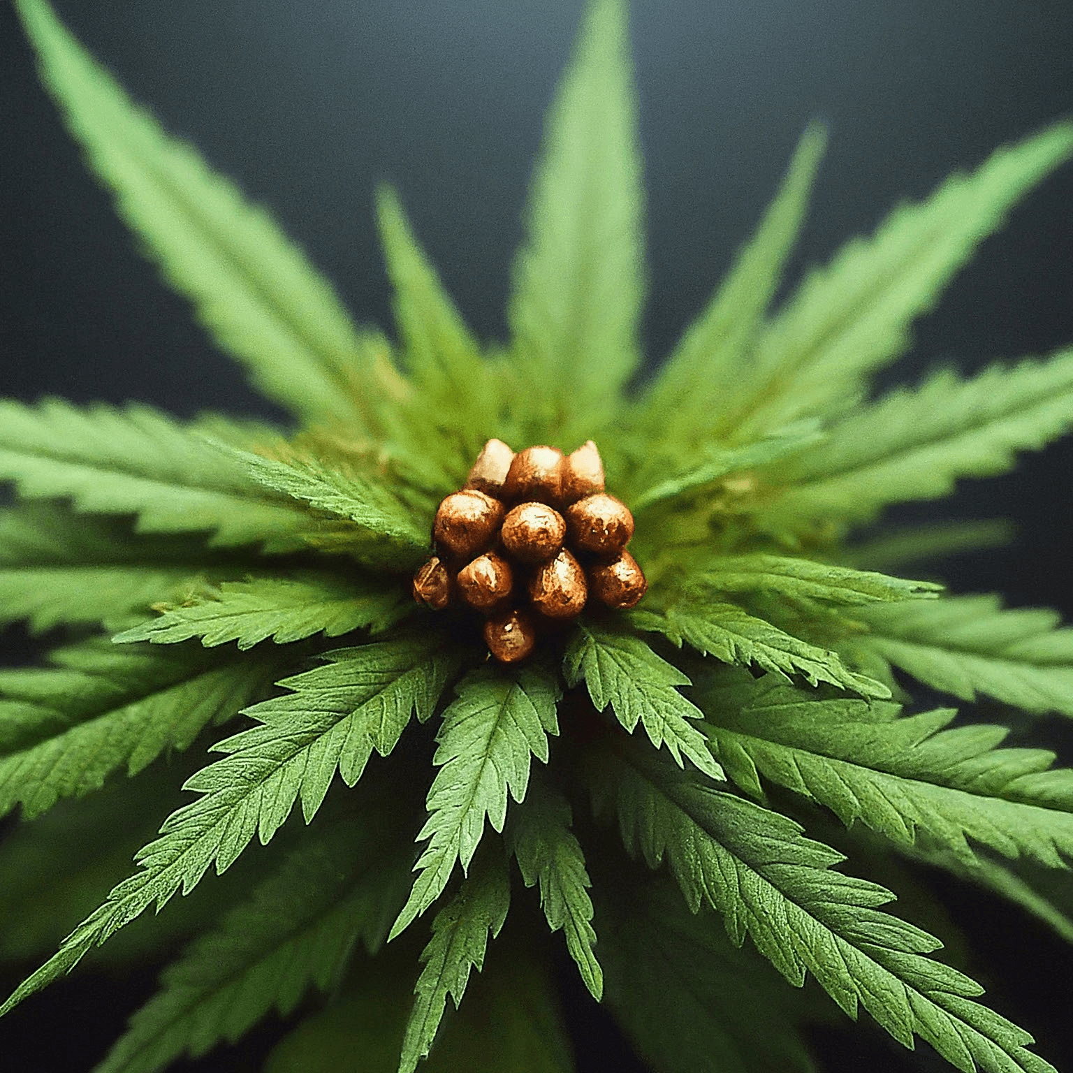 Nahaufnahme eines Cannabisblatts mit kupferfarbenen Kügelchen im Zentrum