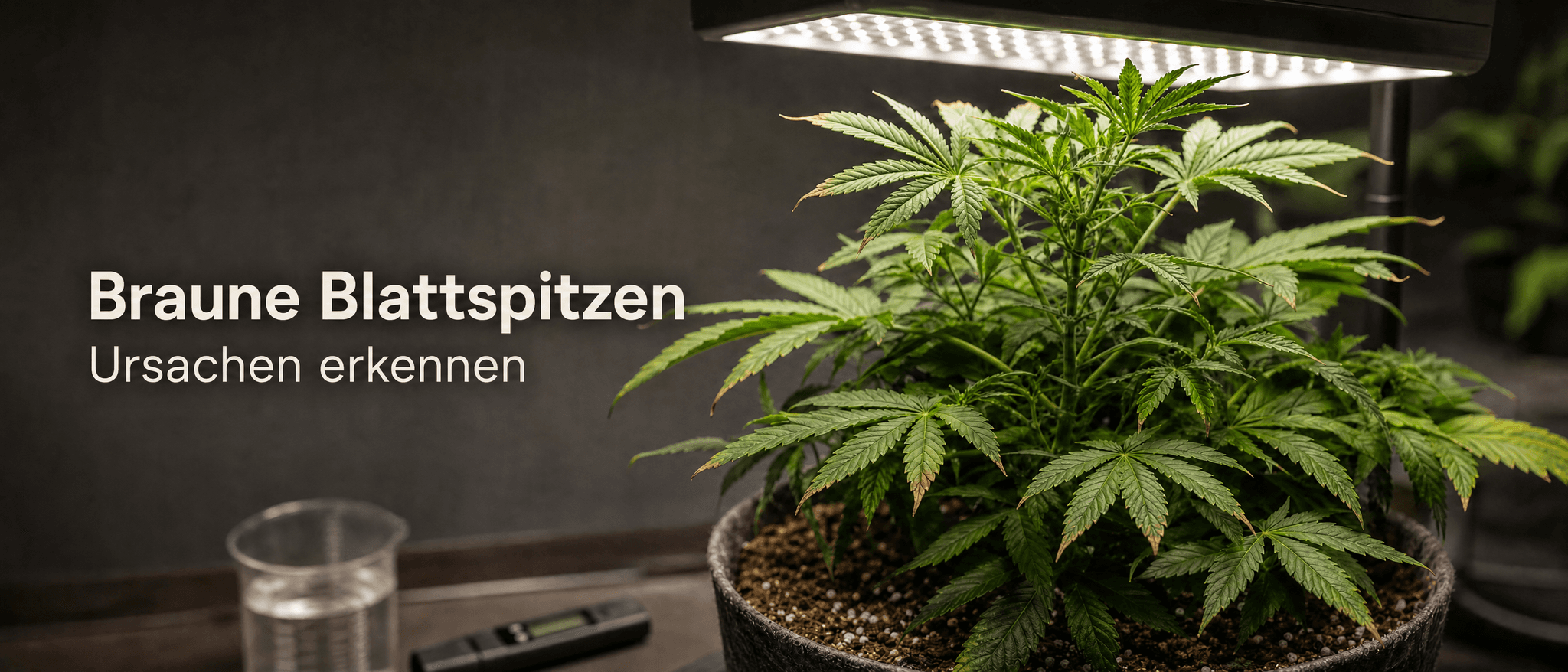 Cannabispflanze im Indoor-Anbau mit leicht braunen Blattspitzen und Messhilfen im Hintergrund.