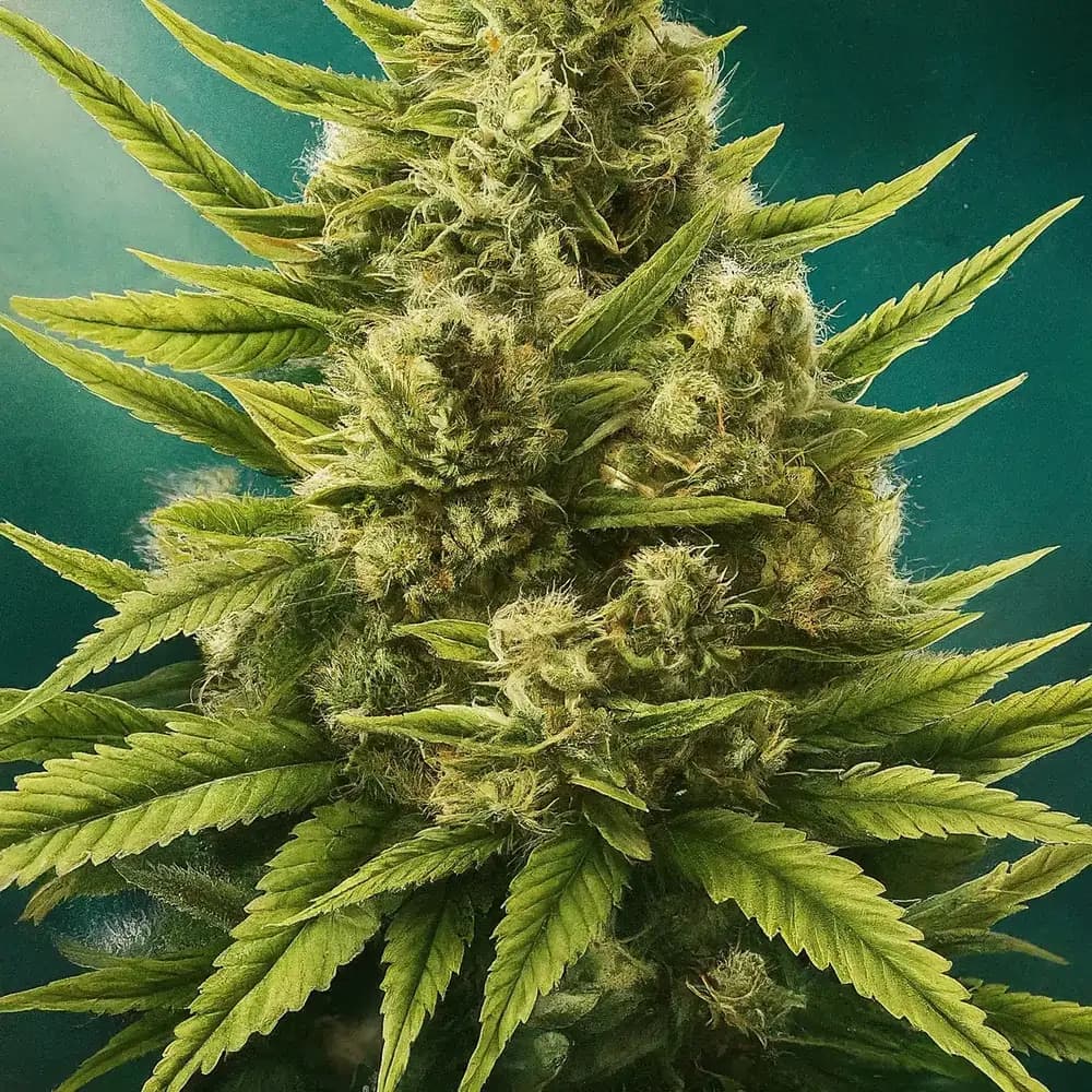 Nahaufnahme einer Cannabisblüte mit dichten Buds und sichtbaren Trichomen