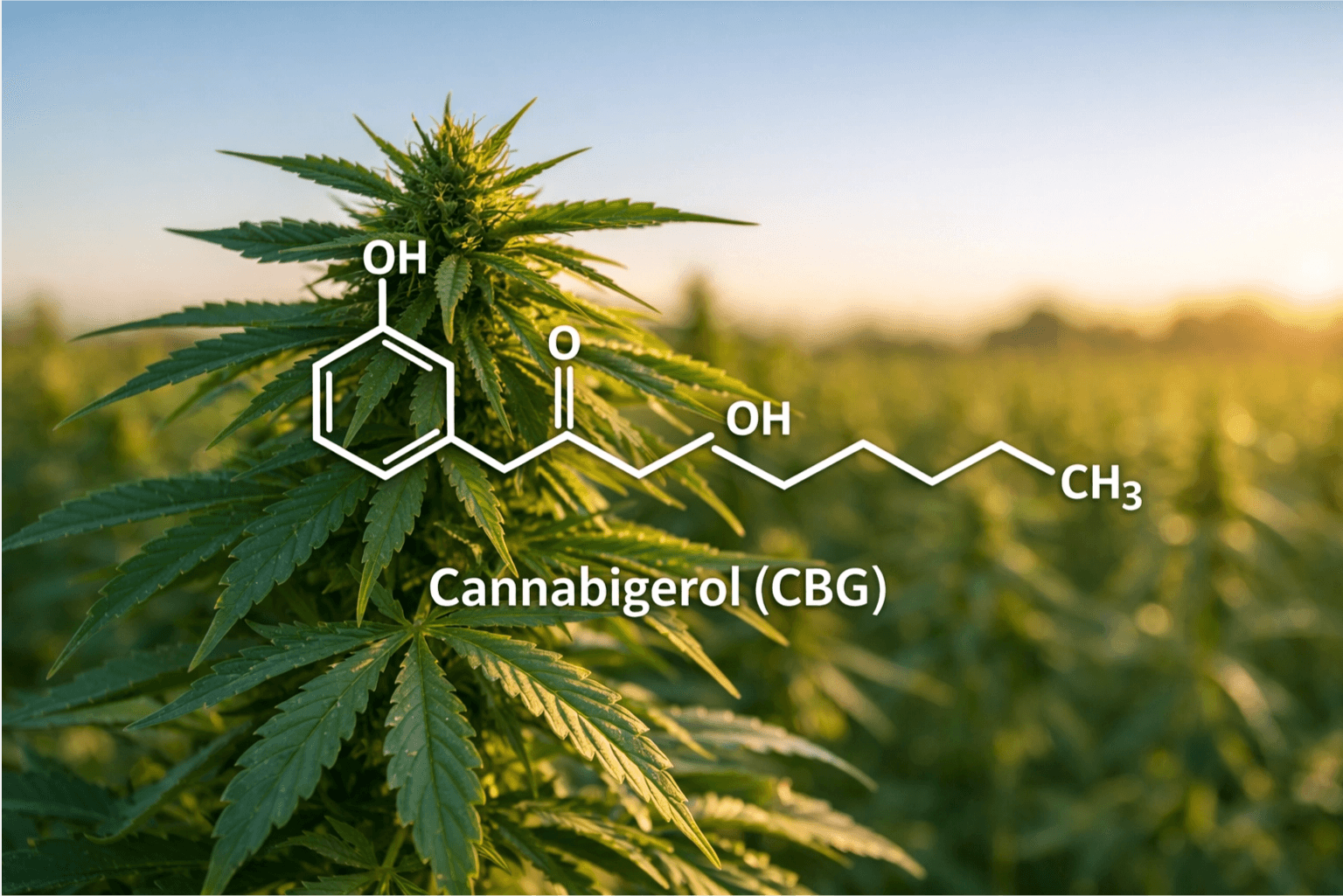 Cannabigerol (CBG): Chemische Struktur des Cannabinoids auf Cannabis-Pflanze im Hanffeld