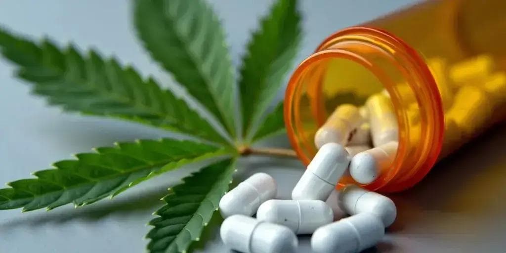 Cannabisblatt neben umgekippter Pillenflasche mit weißen Kapseln