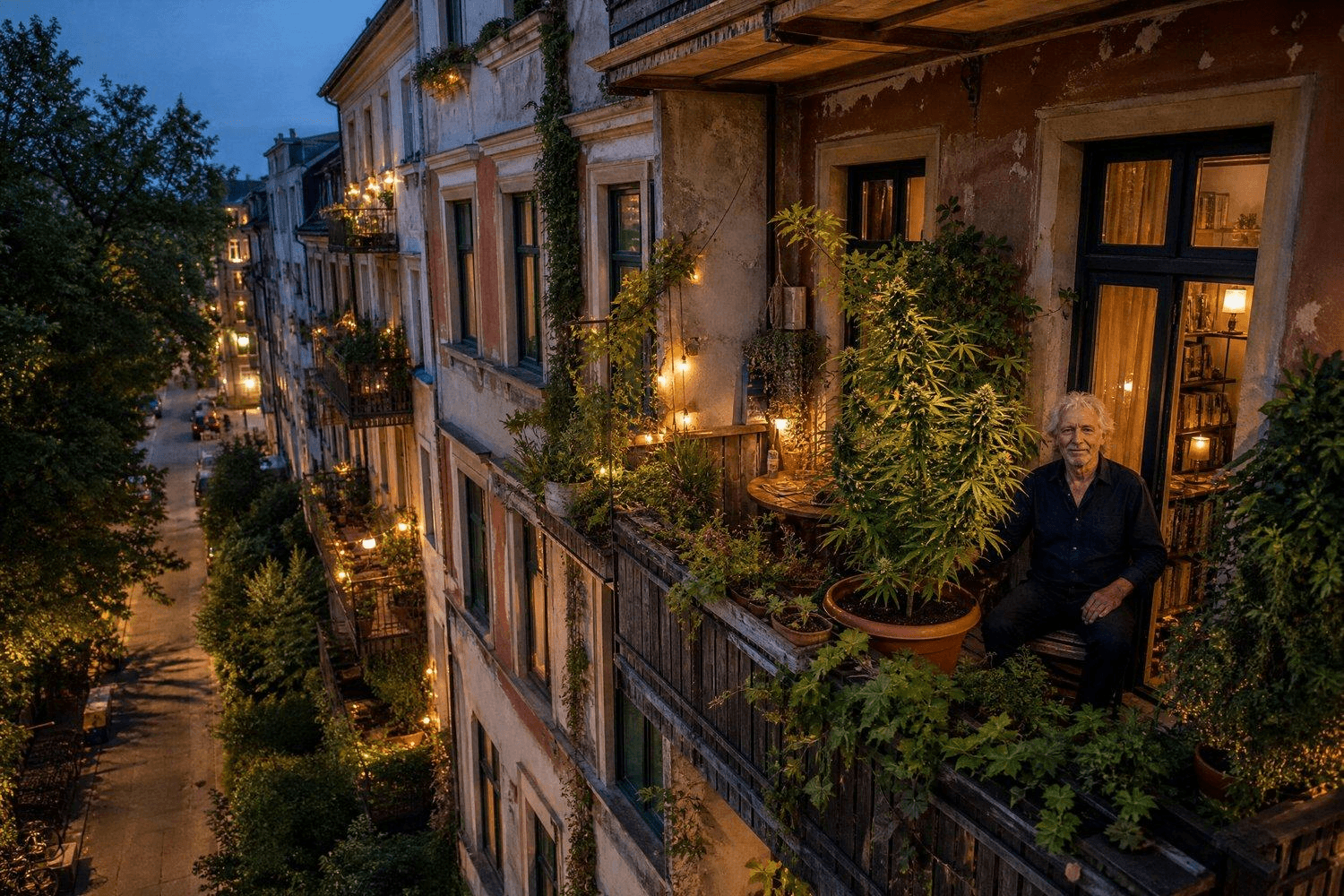 Ein älterer Herr mit einer großen Cannabispflanze in einem Topf auf seinem Balkon