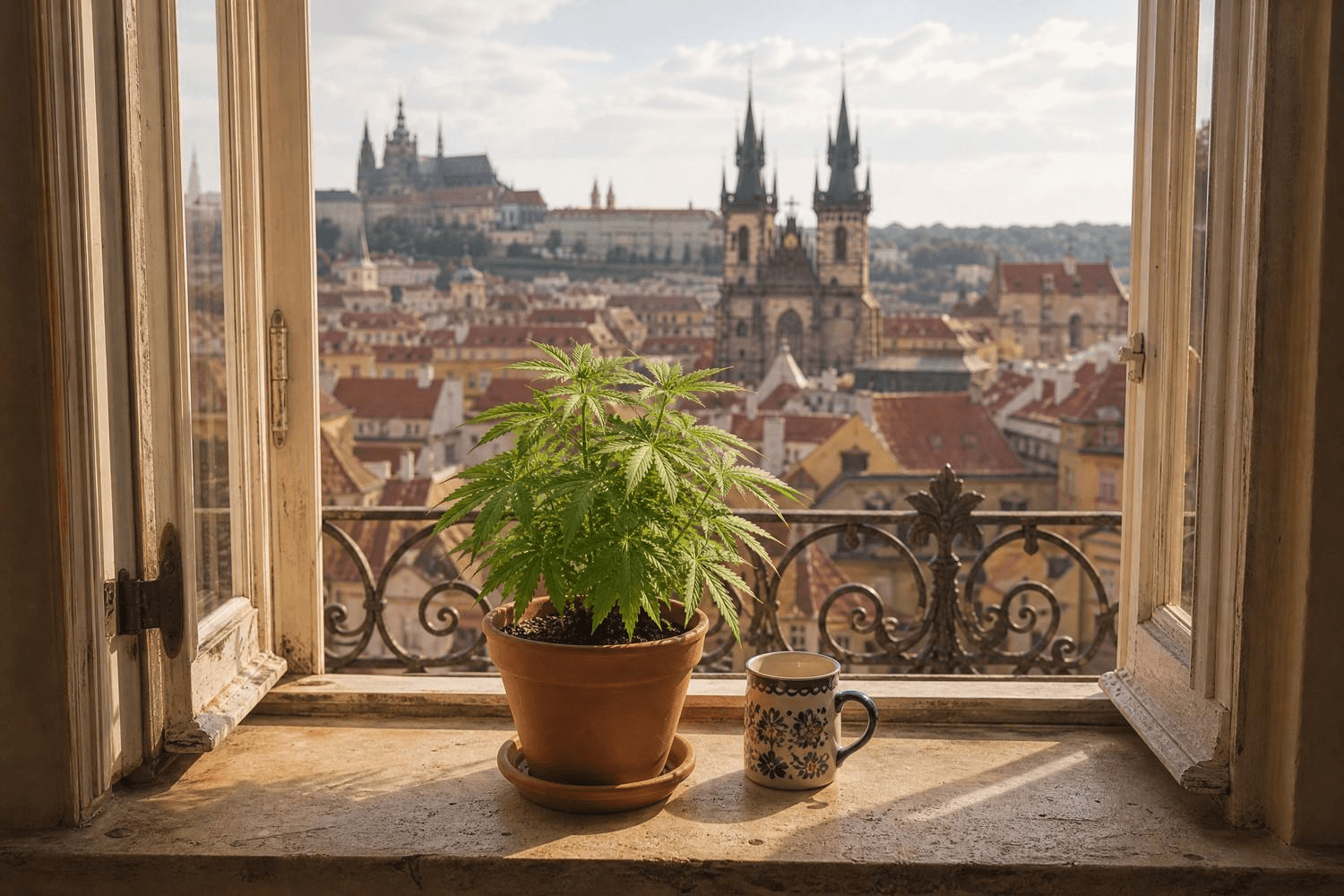 Cannabispflanze im Tontopf auf einem Fensterbrett mit Blick auf die Prager Altstadt