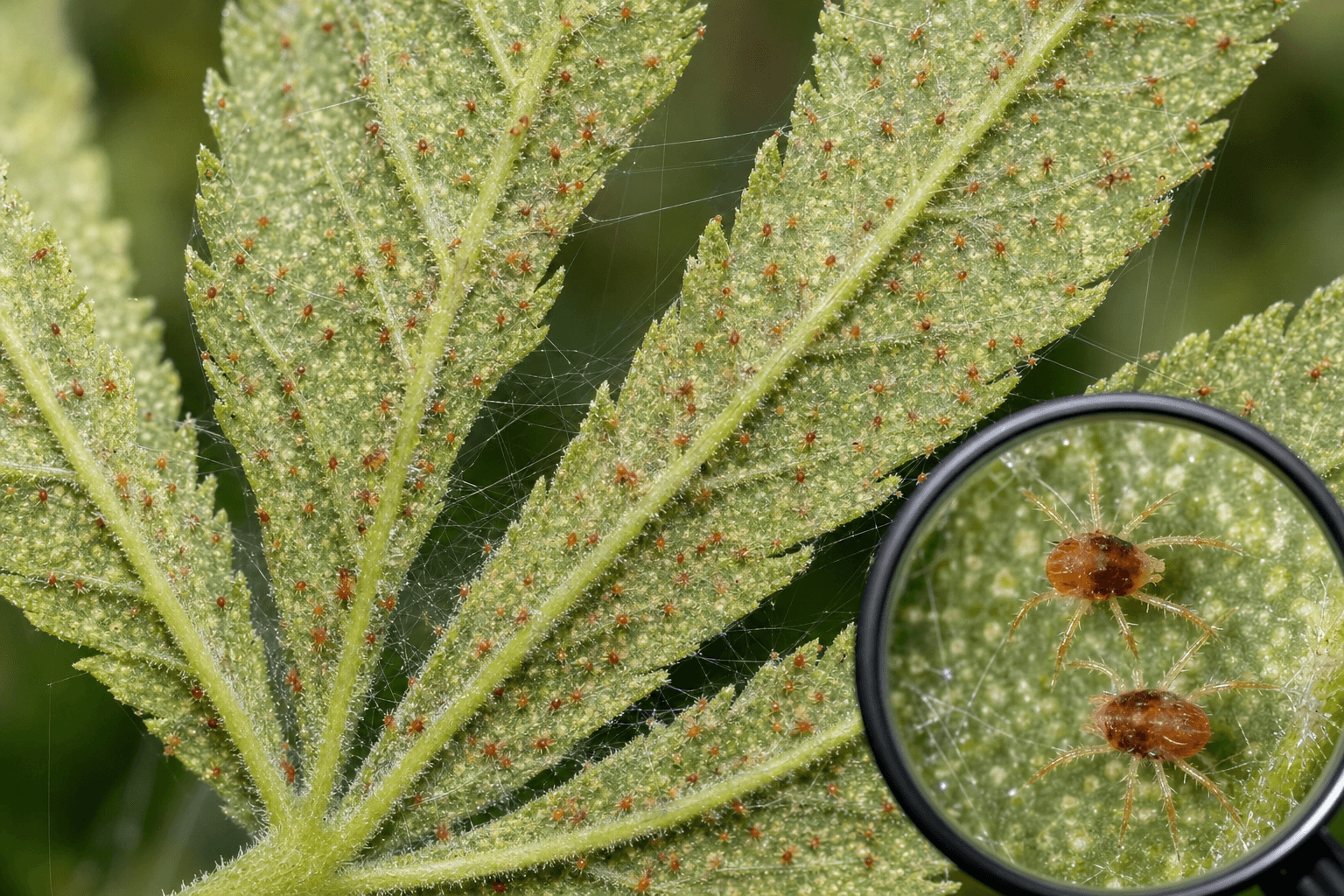 Die Blattunterseite zeigt dichten Spinnmilbenbefall: Mit bloßem Auge als braune Punkte und feine Gespinste sichtbar. Die Lupenvergrößerung zeigt die Milben selbst, nach denen bei unklaren Blattveränderungen immer zuerst gesucht werden sollte.
