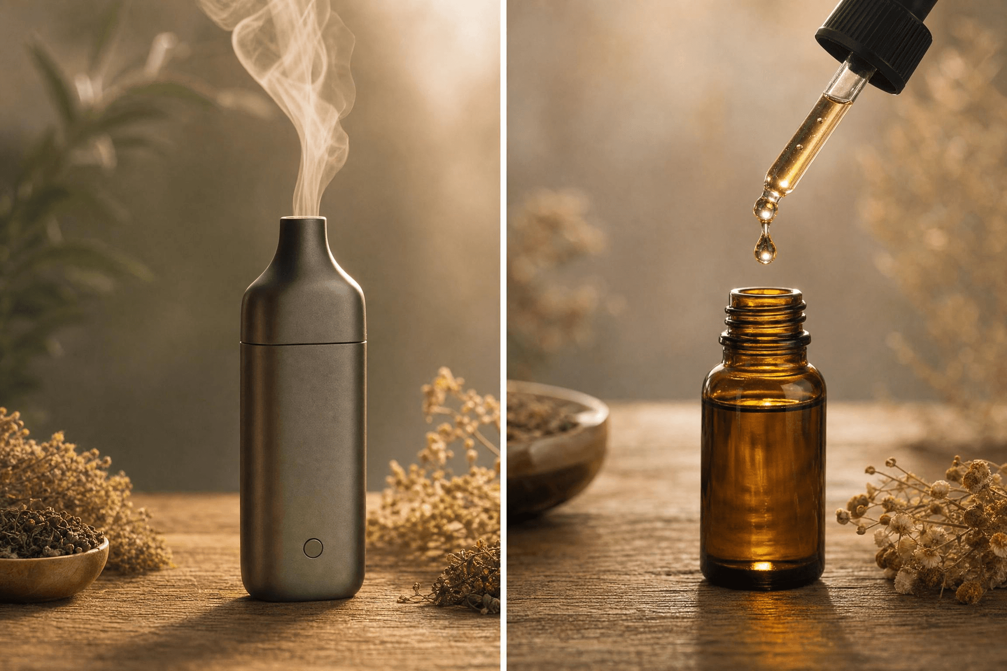 Vergleich zweier Konsumformen: Links ein schlanker Vaporizer aus mattem Metall mit aufsteigendem Dampf, umgeben von getrockneten Kräutern und Hanfblüten; rechts eine bernsteinfarbene Braunglasflasche mit Pipette, aus der goldenes Cannabisöl tropft – symbolisiert den Entourage-Effekt bei Blütenrauch im Vergleich zu Ölen und Tinkturen.