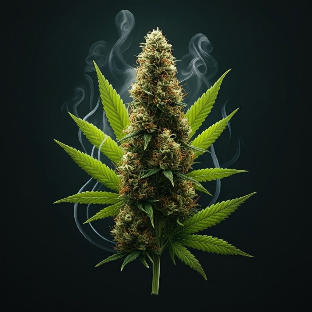 Nahaufnahme einer dichten Cannabisblüte mit grünen Blättern und leichtem Rauch