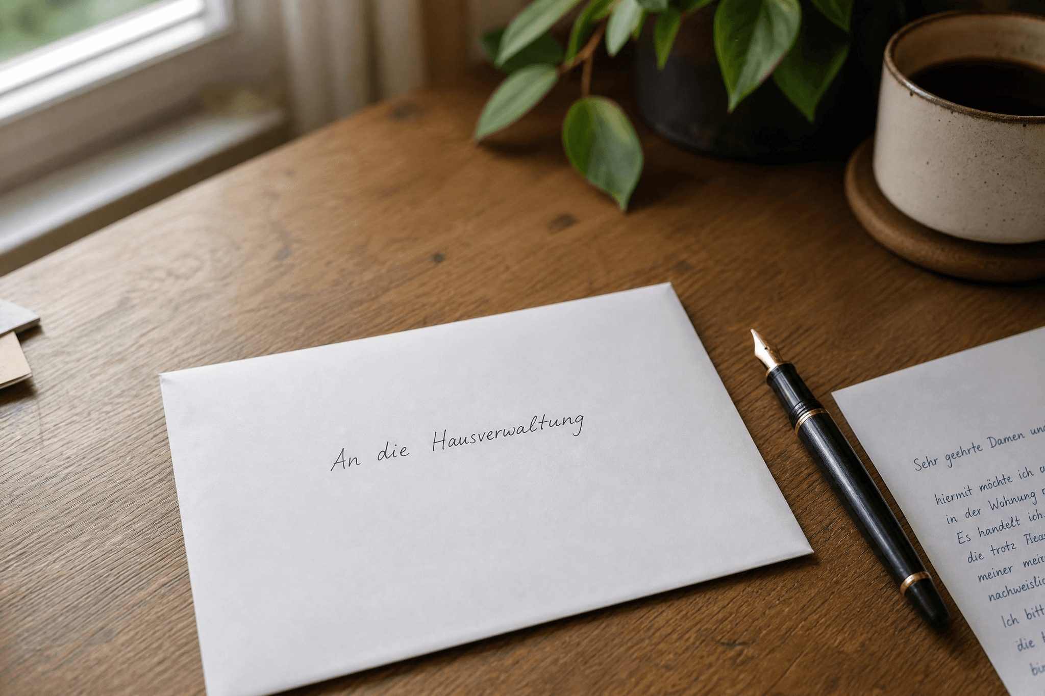 Handgeschriebener Beschwerdebrief wegen Cannabisgeruch an die Hausverwaltung liegt mit Füllfederhalter auf einem Schreibtisch, daneben ein adressierter Umschlag als Beispiel für eine schriftliche Geruchsbeschwerde beim Vermieter