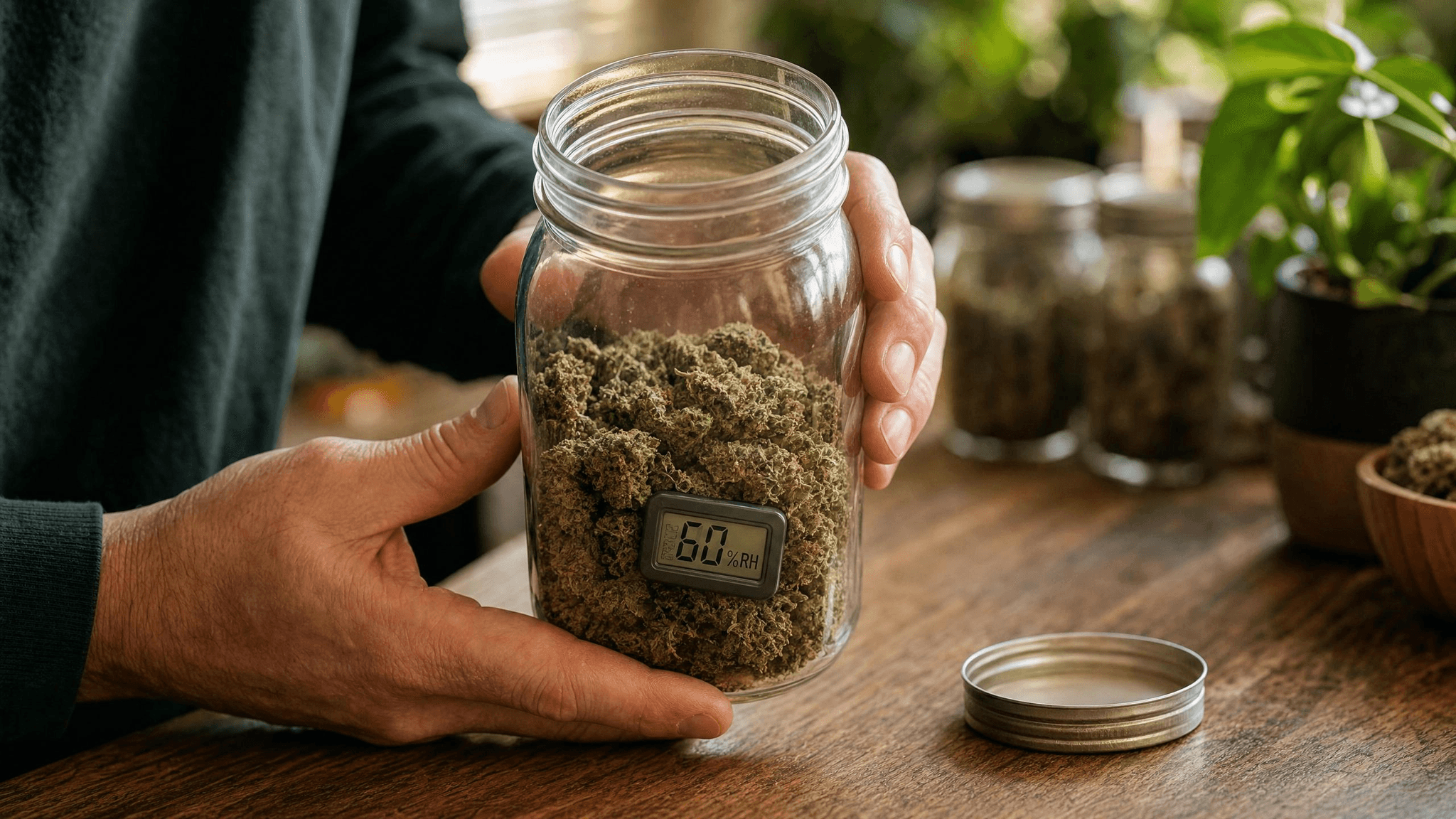 Hände halten ein geöffnetes Einmachglas mit getrockneten Cannabisblüten beim täglichen Burping – Glas zu drei Vierteln gefüllt, Hygrometer zeigt 60 % RH, Deckel liegt daneben