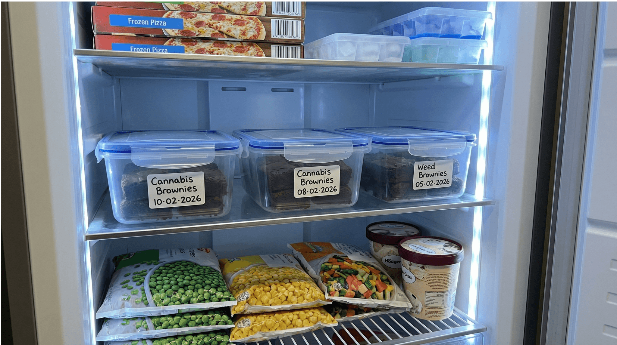 Cannabis Brownies korrekt beschriftet und luftdicht gelagert in einem Gefrierschrank