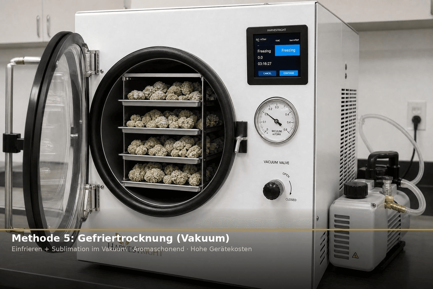 Gefriertrockner mit geöffneter Tür zeigt Cannabis-Blüten auf mehreren Edelstahlschalen während des Sublimationsprozesses im Vakuum.