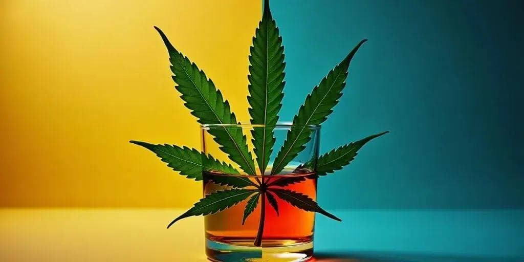 Hanfblatt in Glas mit bernsteinfarbener Flüssigkeit vor gelb-türkis Hintergrund