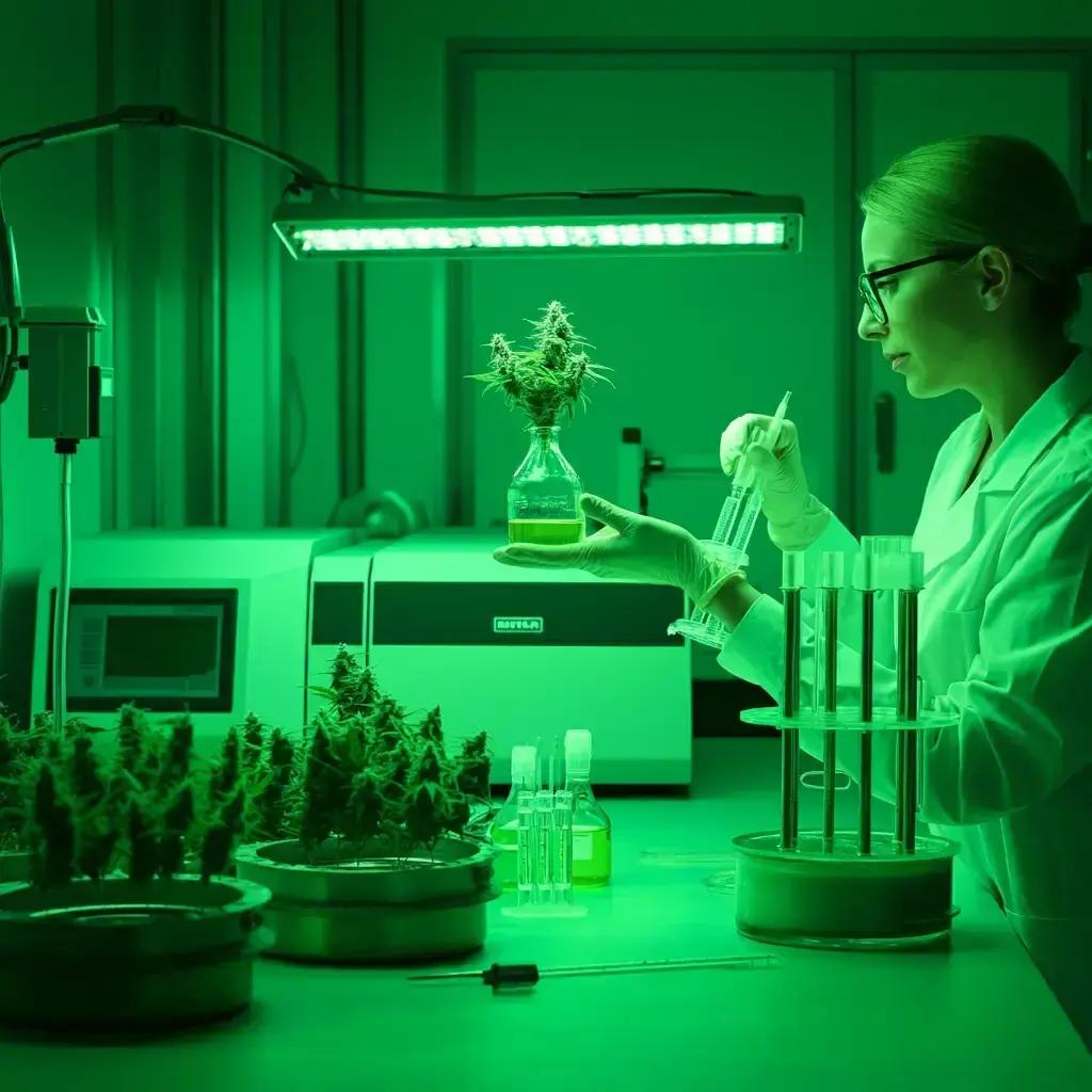 Wissenschaftlerin hält Kolben mit Cannabisknospe im Laborlicht