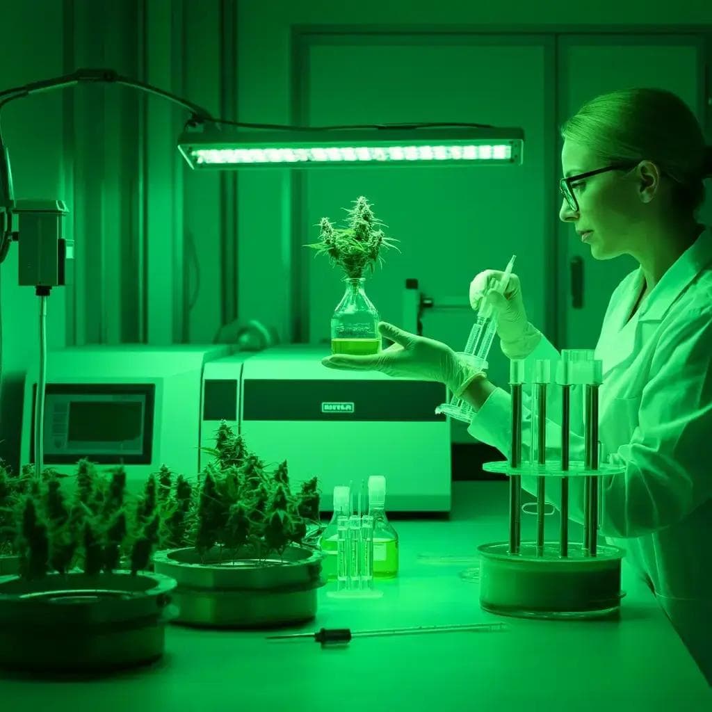 Wissenschaftlerin hält Kolben mit Cannabisknospe im Laborlicht