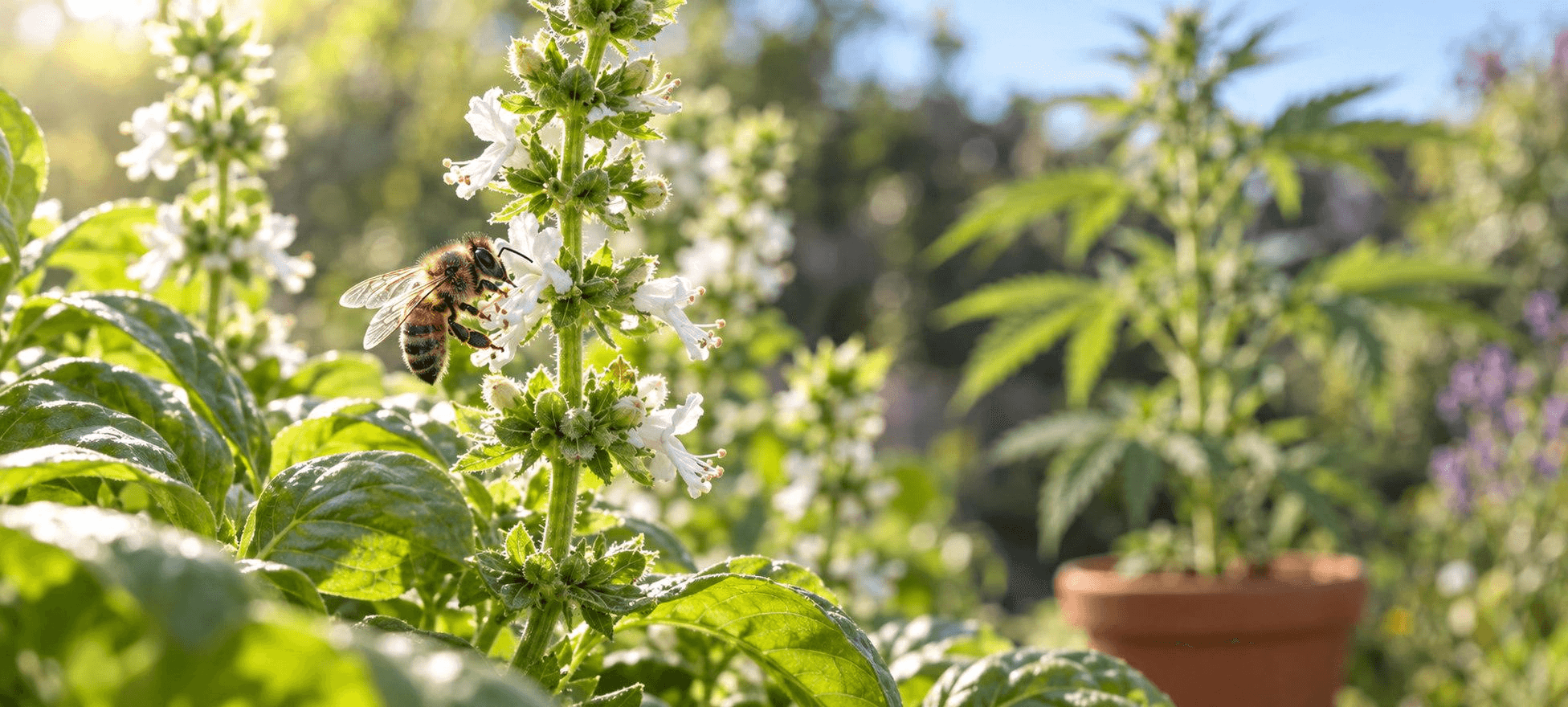 Honigbiene an kleinen weißen Basilikumblüten im Sonnenlicht; im Hintergrund steht eine unscharfe Cannabispflanze.