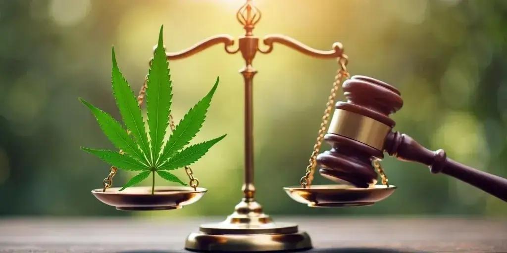 Goldene Waage mit Cannabisblatt links und Richterhammer rechts