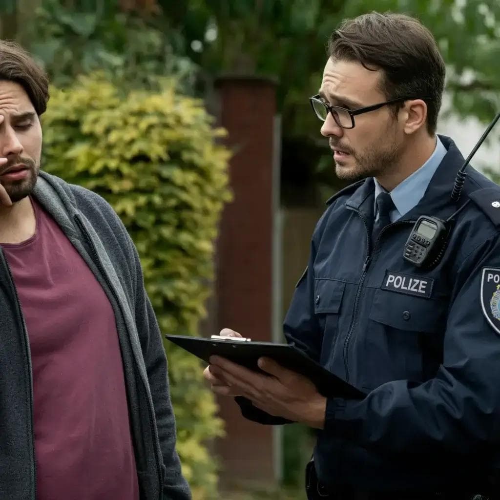 Polizist mit Klemmbrett befragt Mann im Freien