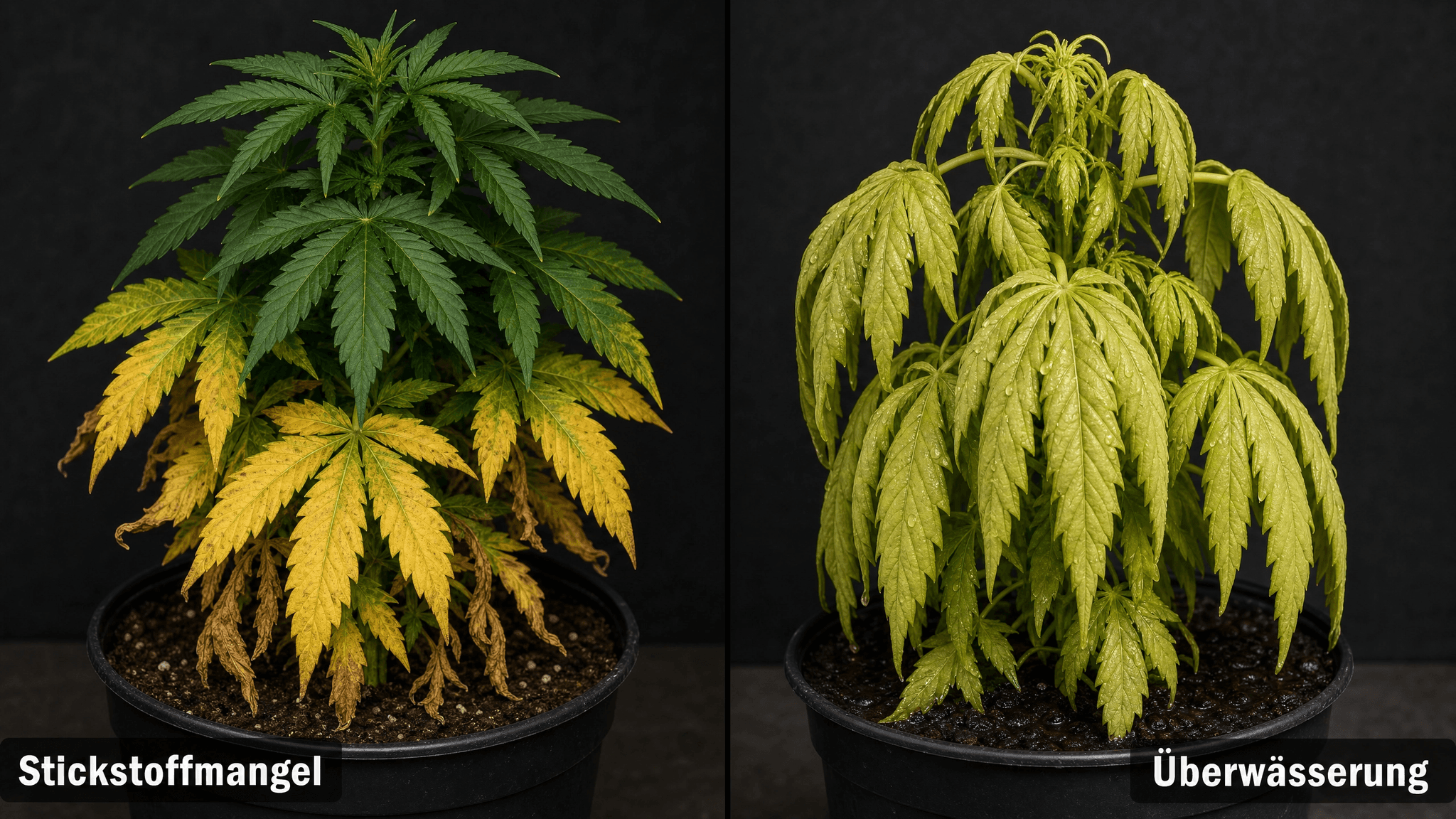 Zwei Cannabispflanzen mit gelben Verfärbungen