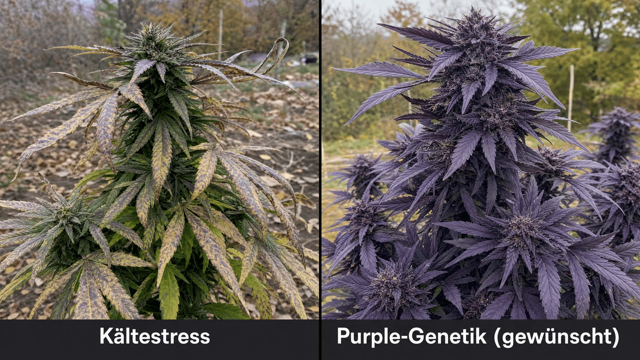 Vergleich: Links Cannabispflanze mit Kältestress – fleckige Gelb-Lila-Verfärbung und nekrotische Blätter im Herbst. Rechts gesunde Purple-Genetik – gleichmäßiges tiefes Lila durch Anthocyane, kräftige Blüten.
