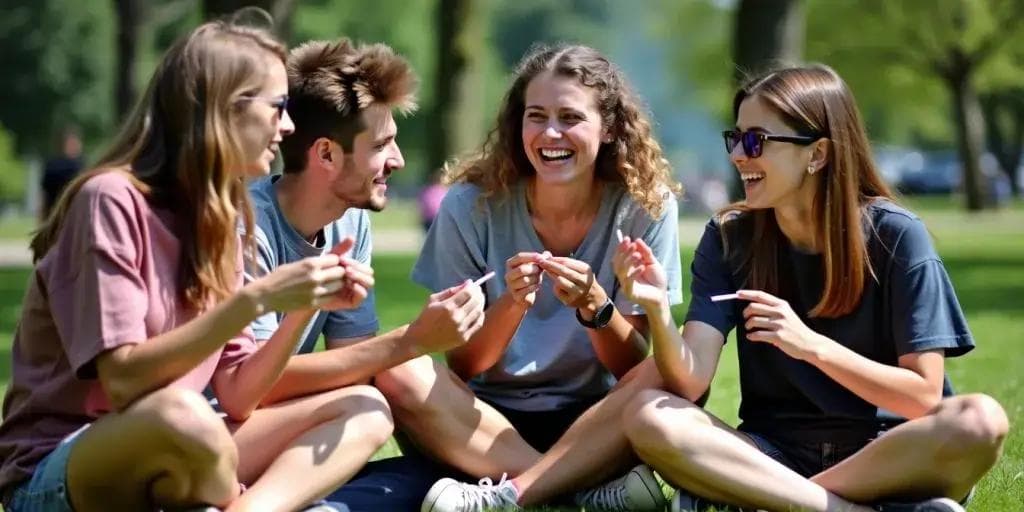 Vier junge Erwachsene sitzen auf Gras, lachen und rollen Joints.