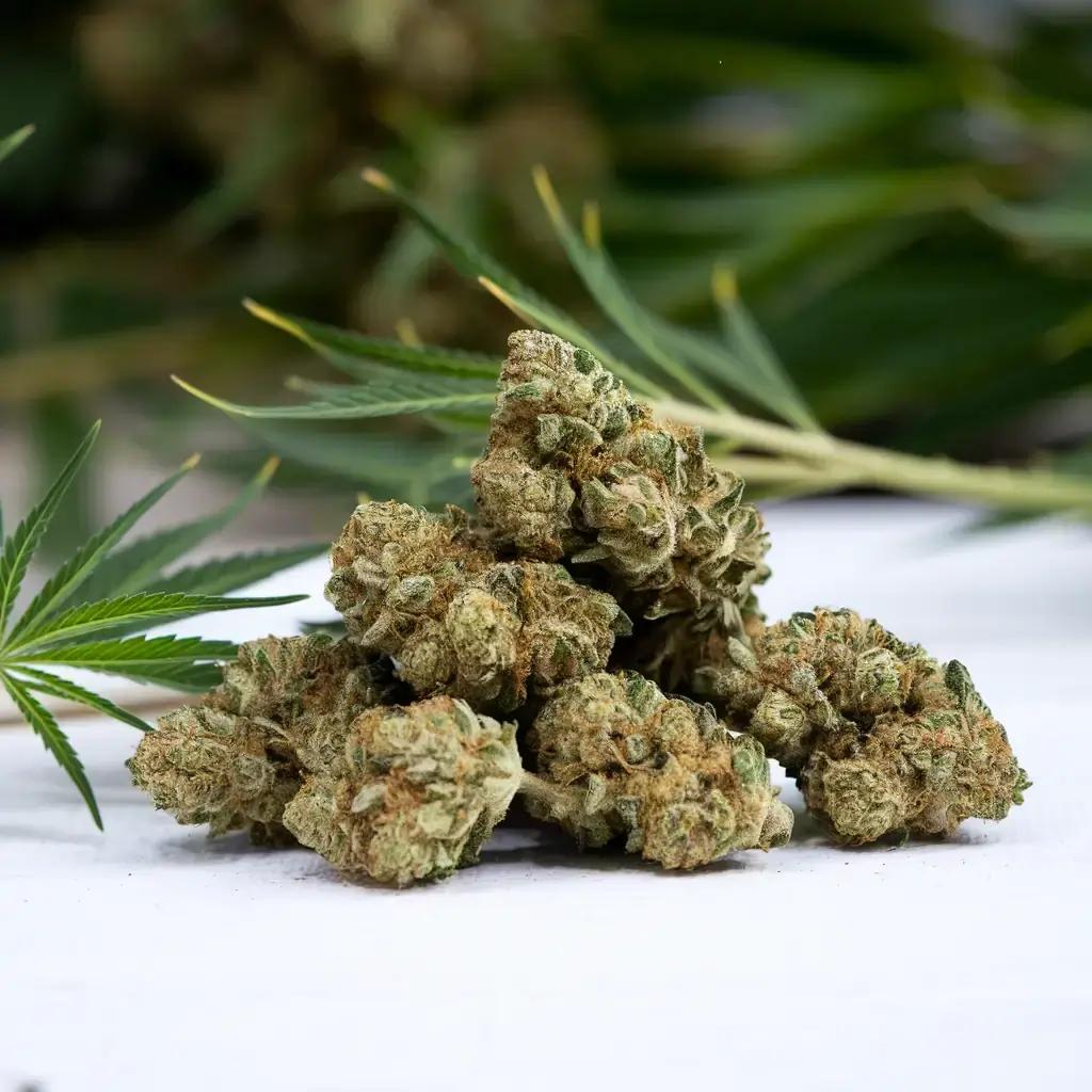 Getrocknete Cannabisblüten auf weißer Fläche, grüne Hanfblätter im Hintergrund