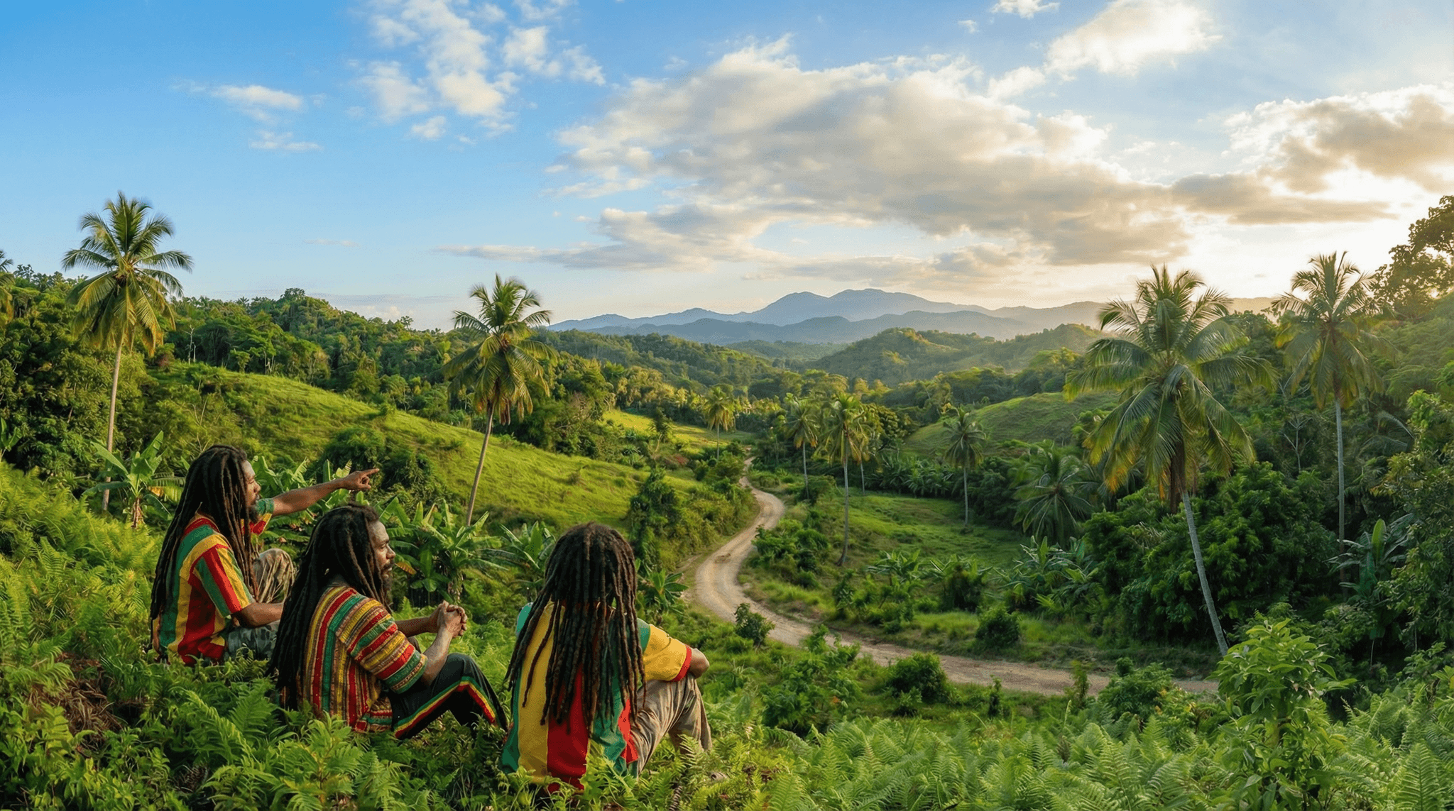 Drei Rastafari mit Dreadlocks sitzen auf einem Hügel in der jamaikanischen Landschaft und blicken in die Natur – ein Bild für Gemeinschaft, Naturverbundenheit und das Livity-Prinzip der Rastafari-Bewegung.