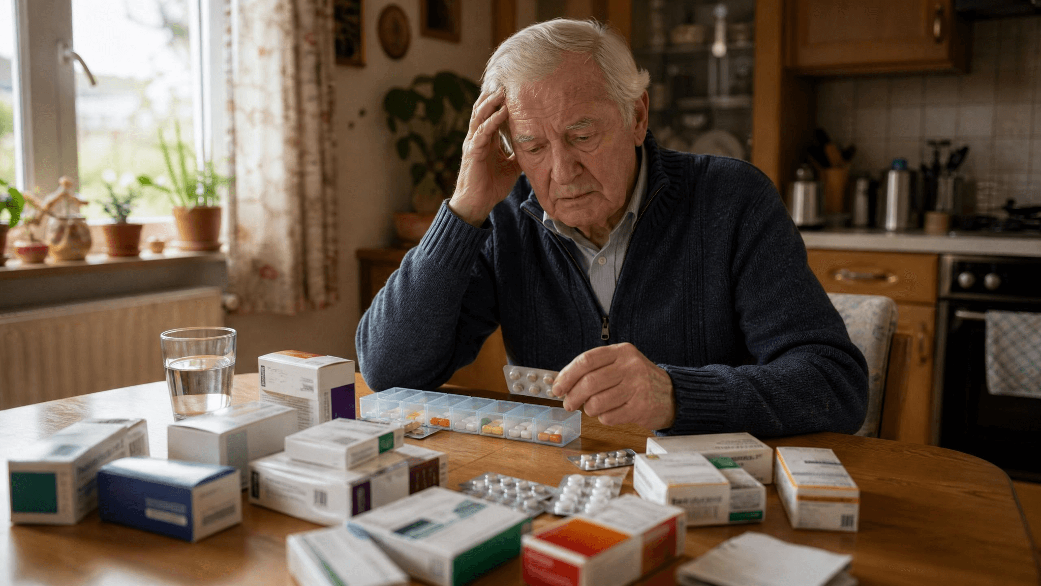 Älterer Mann mit vielen Medikamenten am Küchentisch: Bei Polypharmazie im Alter können Wechselwirkungen mit Cannabis besonders gefährlich werden.