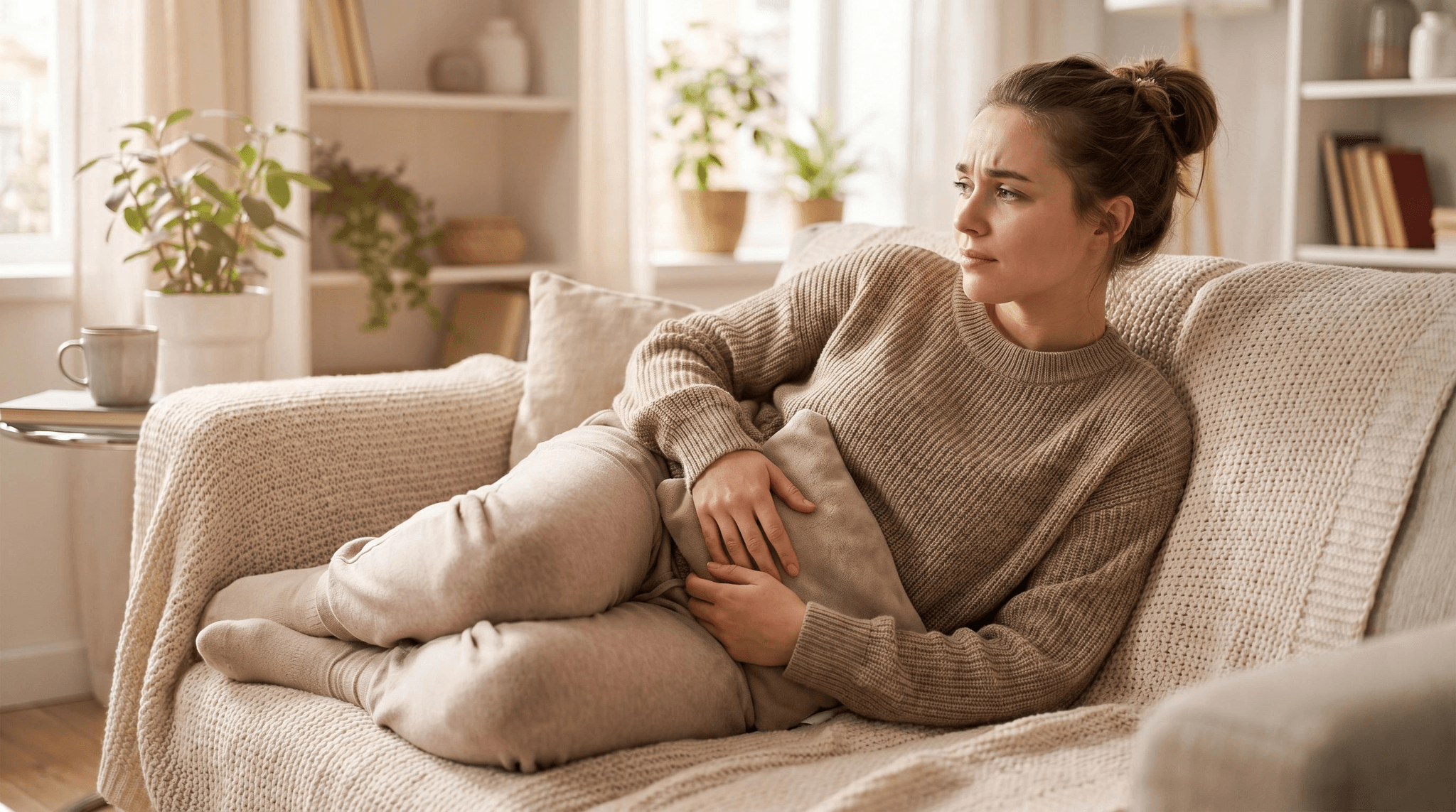 Junge Frau liegt zusammengekauert auf einem hellen Sofa und hält sich eine Wärmflasche gegen den Unterleib