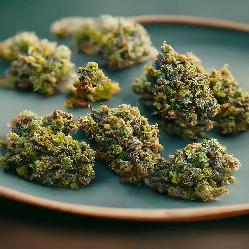 Nahaufnahme mehrerer grüner, harziger Cannabisblüten auf einem dunklen Teller