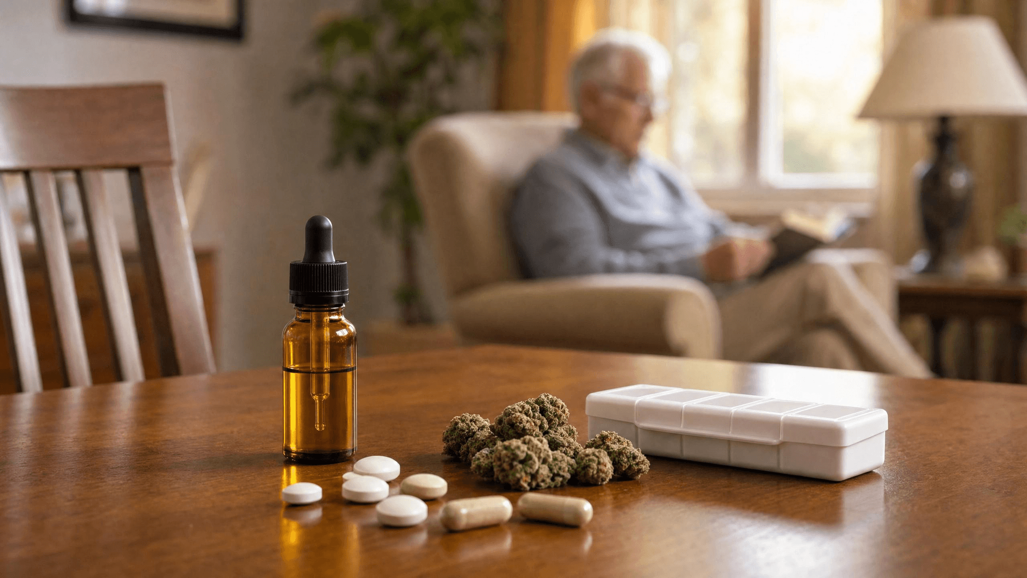 CBD-Tropfen, Tabletten und Cannabis nebeneinander auf einem Tisch — Symbolbild für Wechselwirkungen bei Mehrfachmedikation