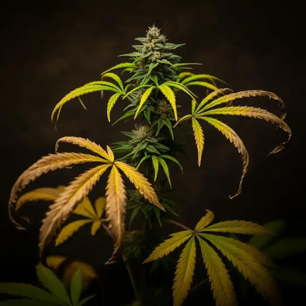 Cannabisblüte mit vergilbten Fächerblättern vor dunklem Hintergrund