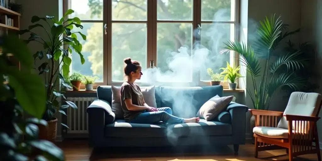Frau sitzt auf blauem Sofa, Lichtstrahlen und Nebel im Wohnzimmer, viele Pflanzen.
