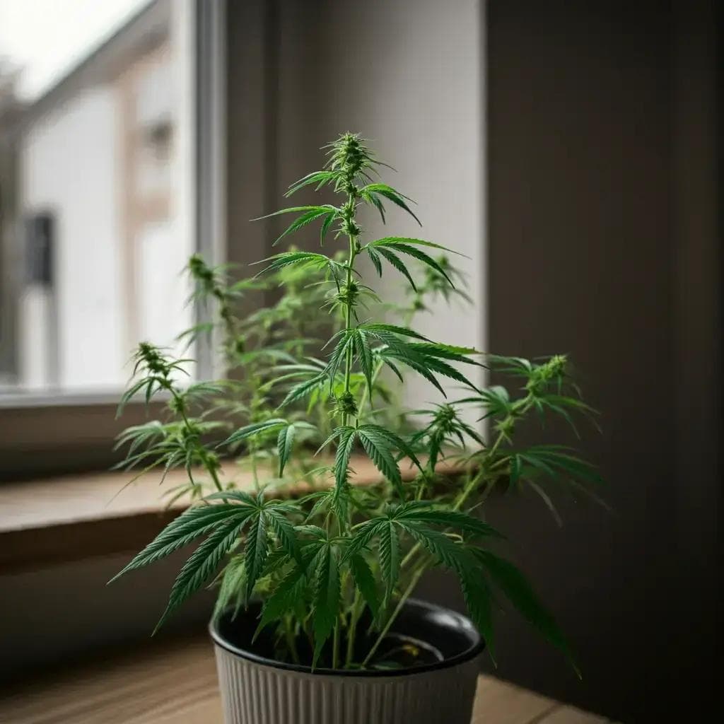 Junge Cannabispflanze auf Fensterbank im Topf, grüne Fächerblätter
