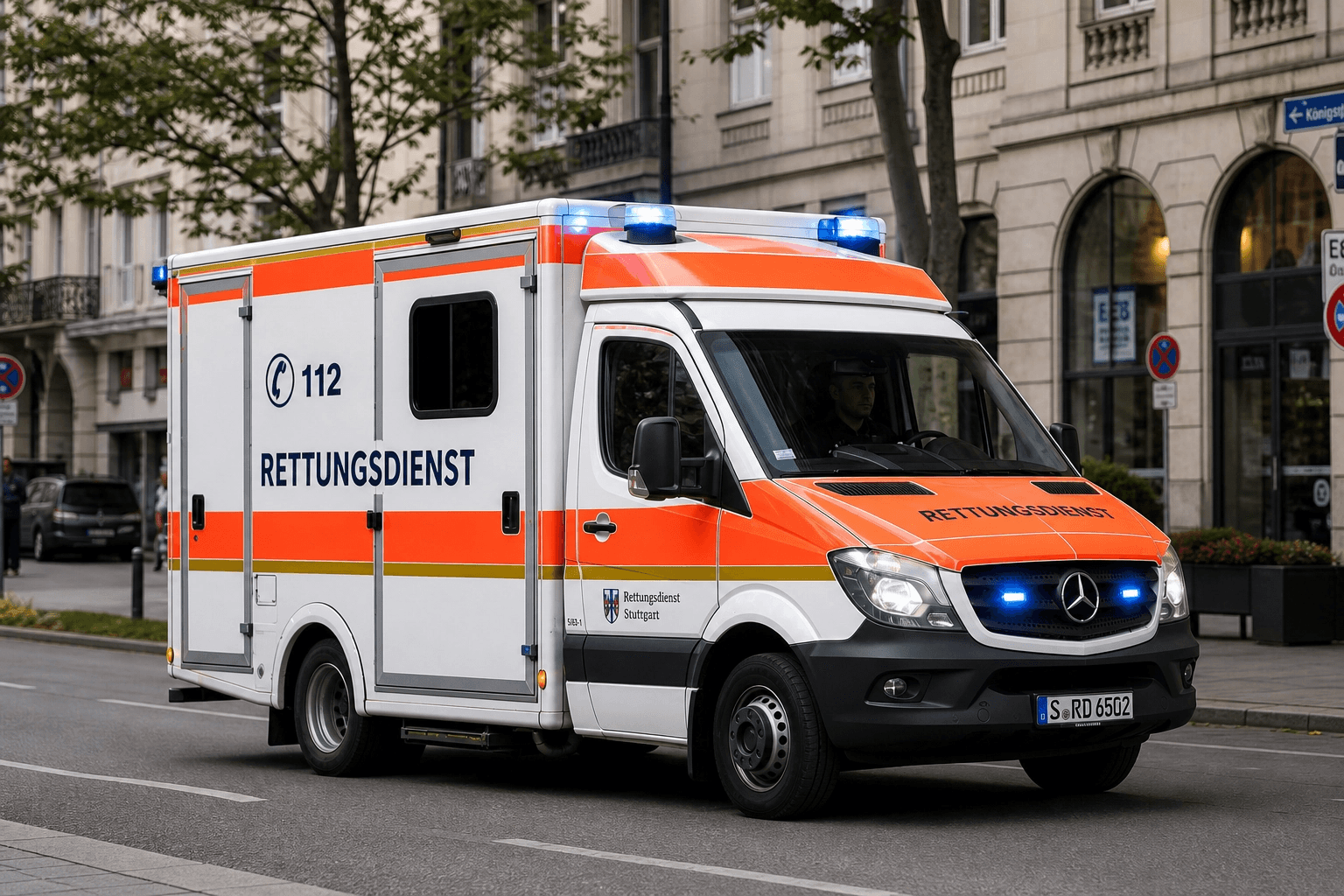 Rettungswagen mit Blaulicht – Notruf 112 bei schweren Cannabis-Nebenwirkungen wie Bewusstseinsverlust oder Krampfanfällen