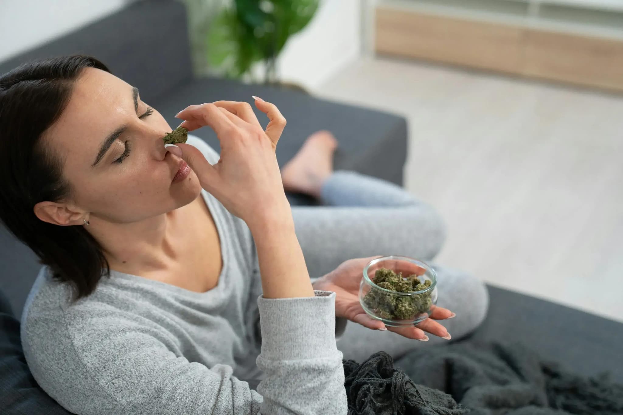 Frau auf Sofa hält Glasschale mit Cannabis und riecht an einer Blüte