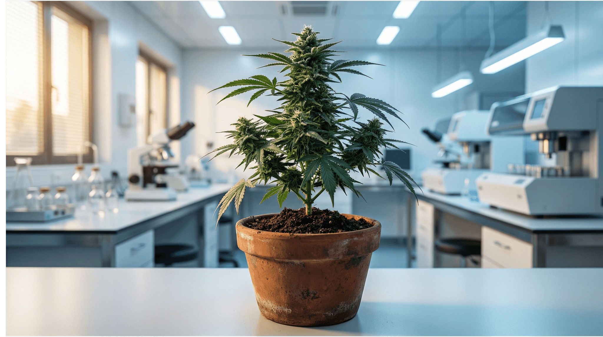Blühende Cannabispflanze im Tontopf auf einem Labortisch, wo sie auf synthetische Cannabinoide untersucht wird – im Hintergrund Mikroskope und wissenschaftliche Geräte